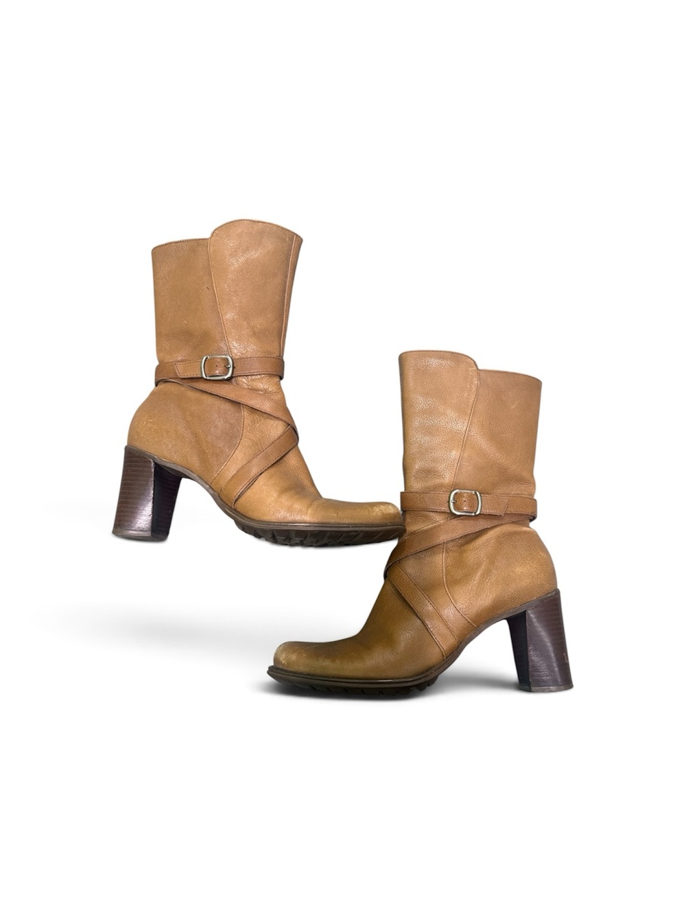 Vtg Kenneth Cole Reaction Leather Harness Boots Size 9 Tan Chunky Heel Y2K 90s